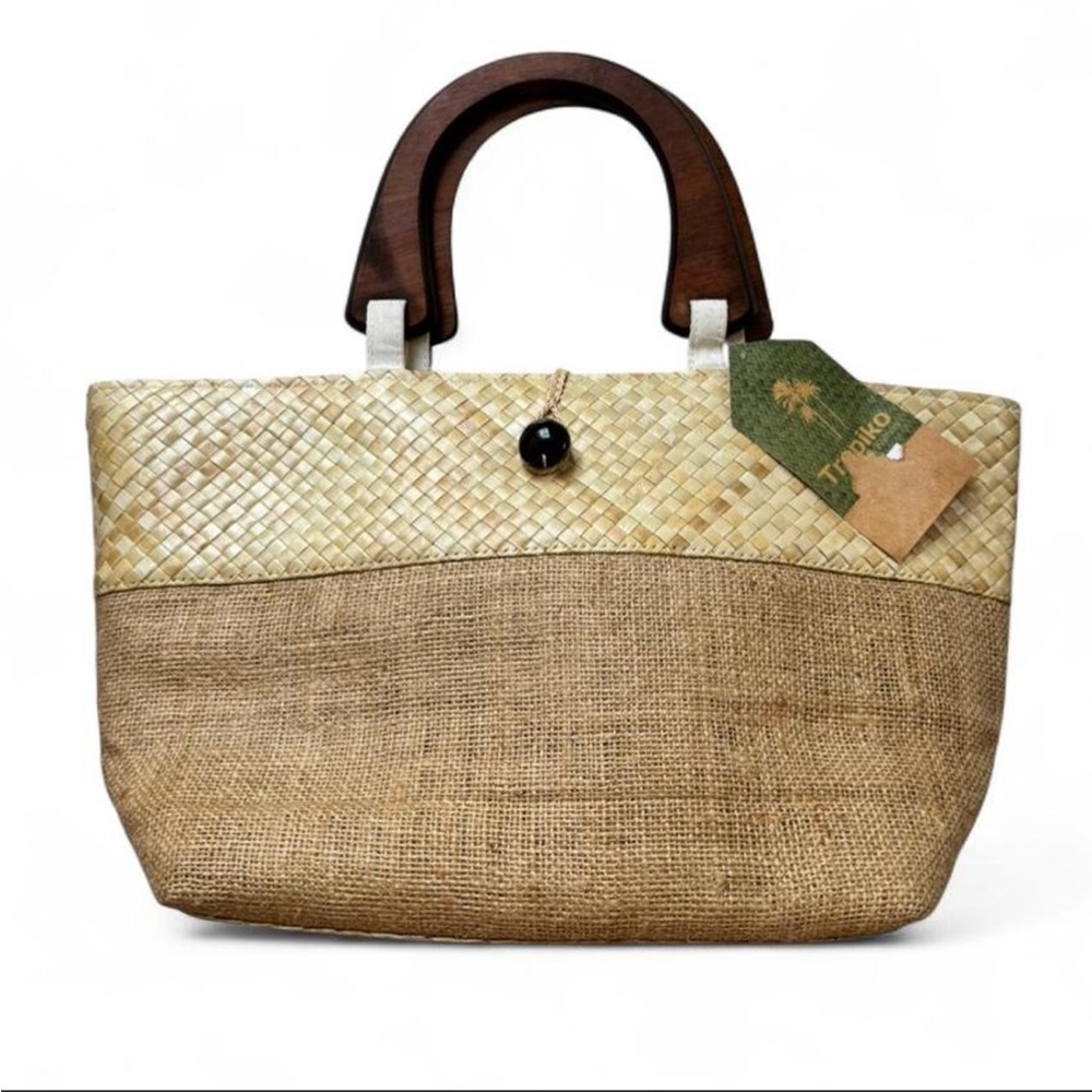 Natural Woven Tote Bag with Wooden Handles